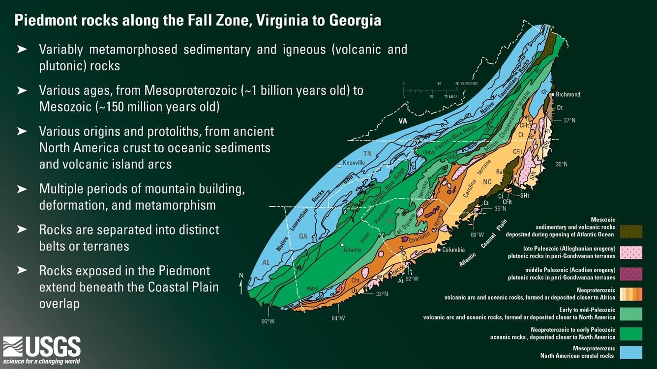 Rock outcrops along the North Carolina Piedmont fall zone